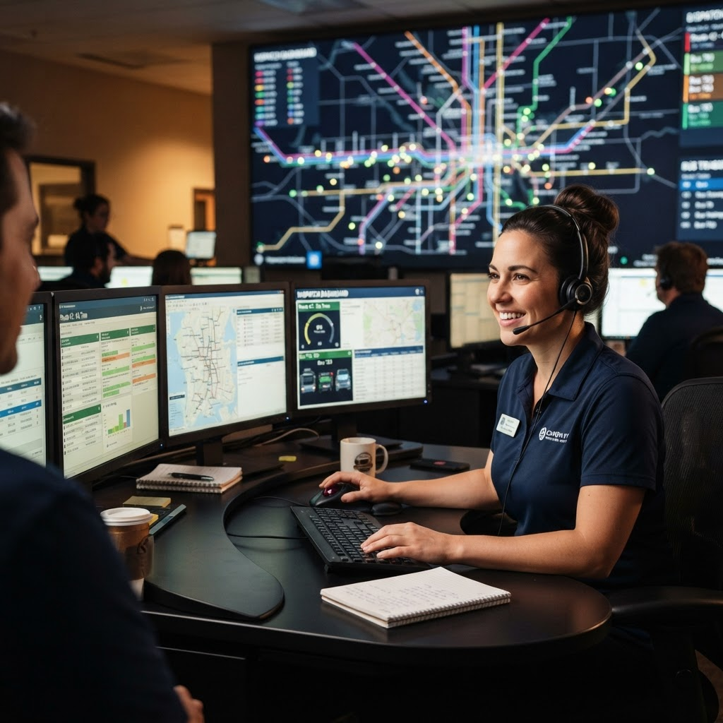 Dispatch coordinator managing bus routes from a control desk