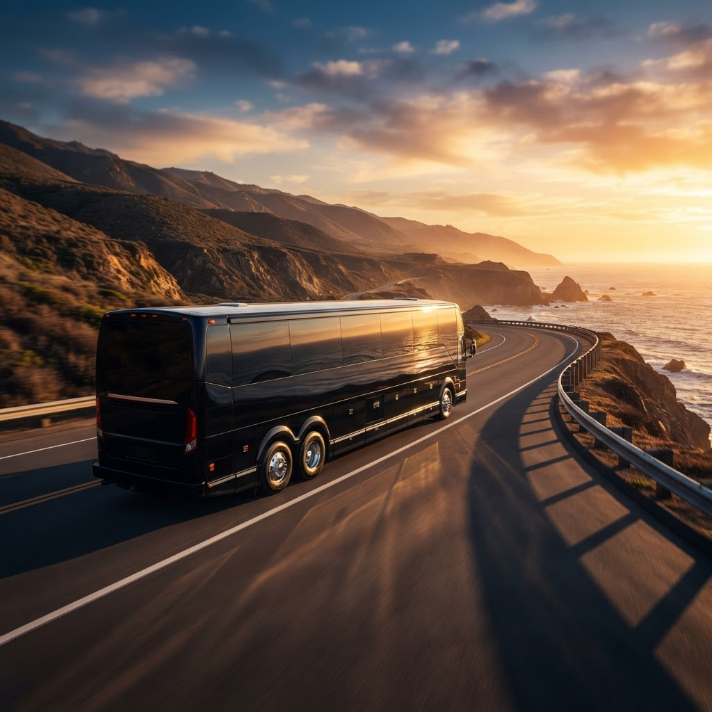 Angel Bus Charters motorcoach driving on a coastal highway at golden hour